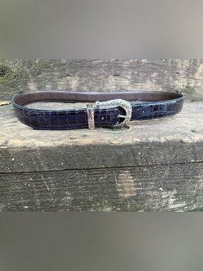 Brighton Croc-Embossed Black Leather Belt with Silver Buckle